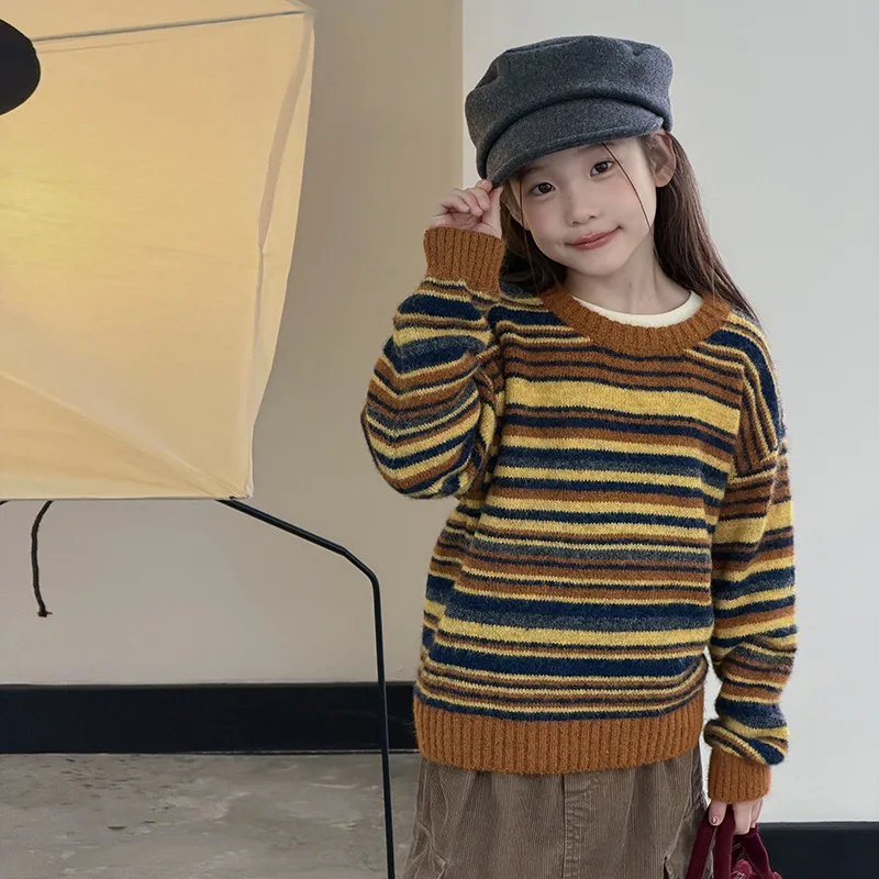 Kids Clothing Kids Contrasting Striped Knitted Sweater Korean Atmosphere Lazy Style Colorful Striped Knitted Sweater