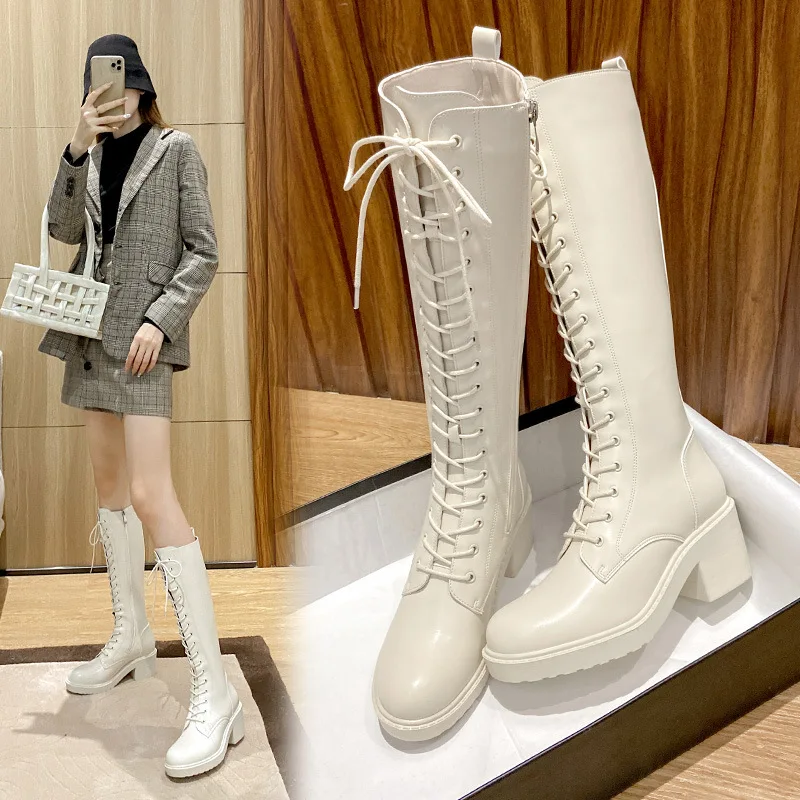 White Women\'s Long Boots Lace-up High Heel Knight Boots Over-the-knee Thigh-high Petite Size Internet Celebrity Mid-calf