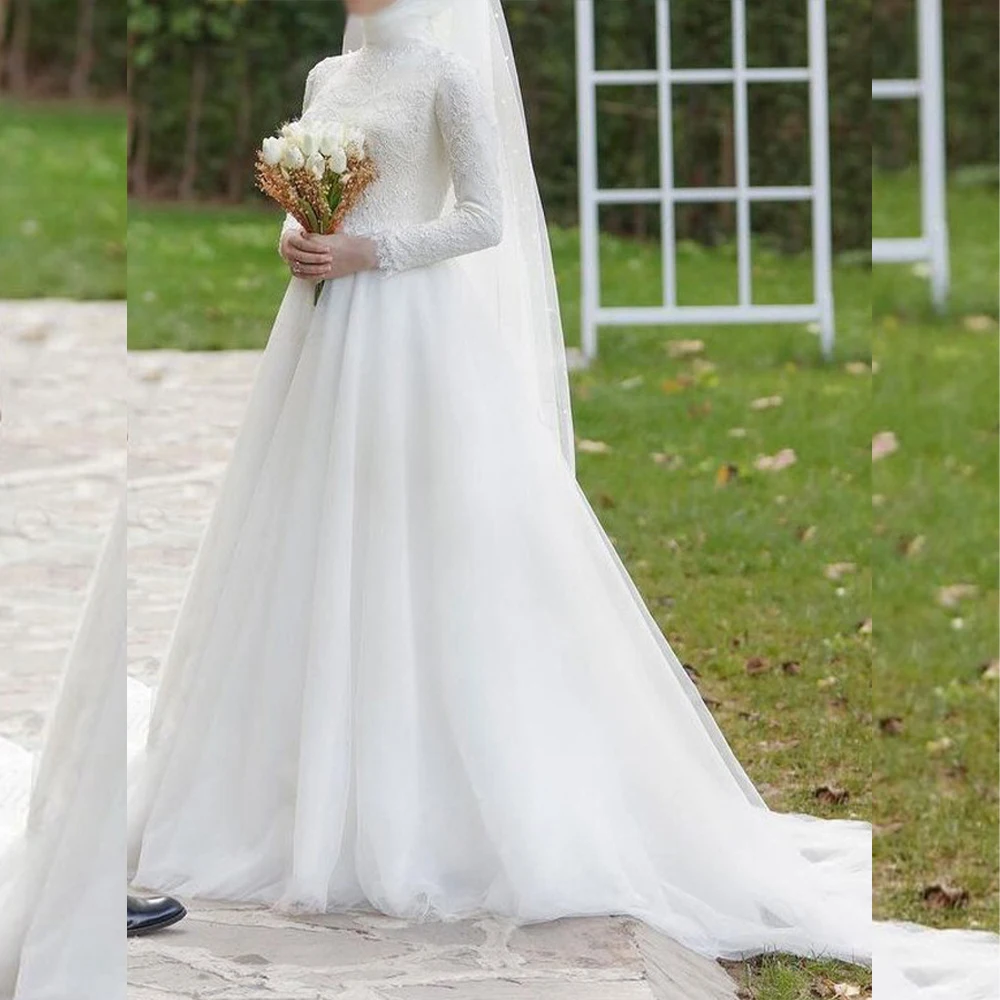 

Summer Wedding Dresses Long Sleeve Modern Garden Bride Dress A Line Beading Muslim Bridal Gowns Customized Vestidos De Novia