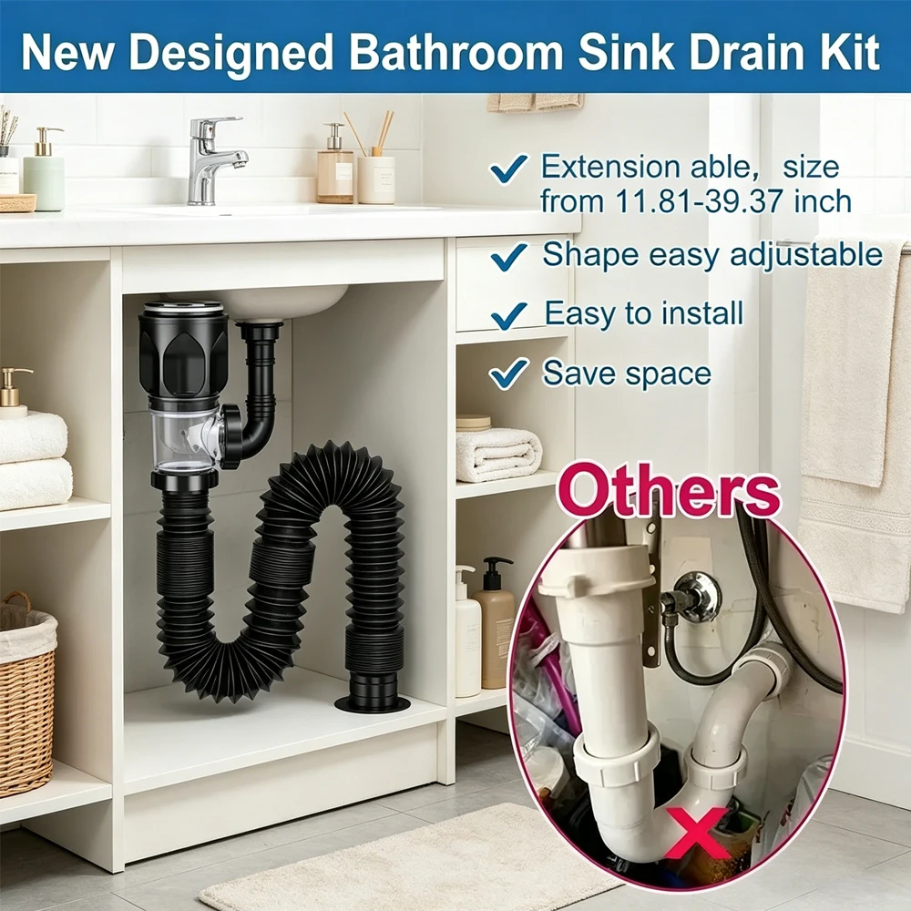 

Комплект сливных труб из нержавеющей стали для кухонной и ванной раковины с настенным фильтром-корзиной - Аксессуар для слива с защитой от запаха