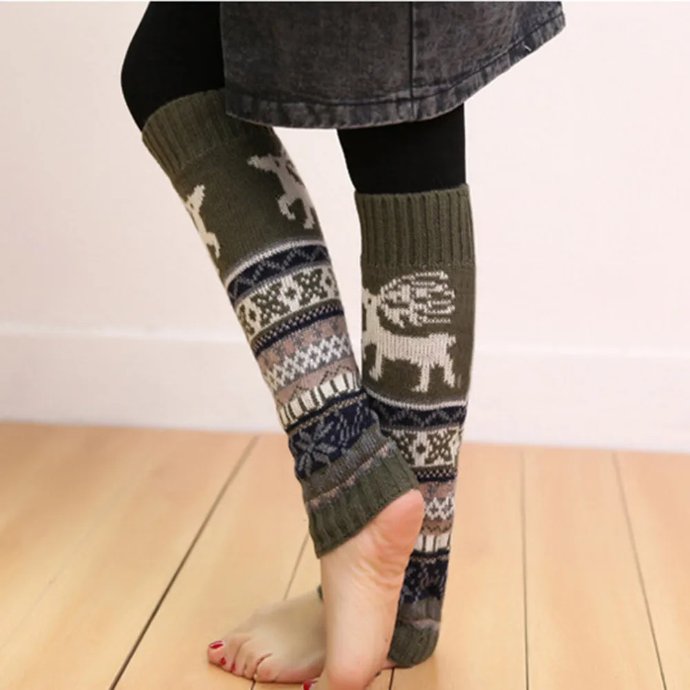 

Christmas Knitted Leg Warmer Women Ethnic Elk Pattern Crochet Socks Autumn Winter Y2k Vintage Lolita Warm Leg Cover Stockings