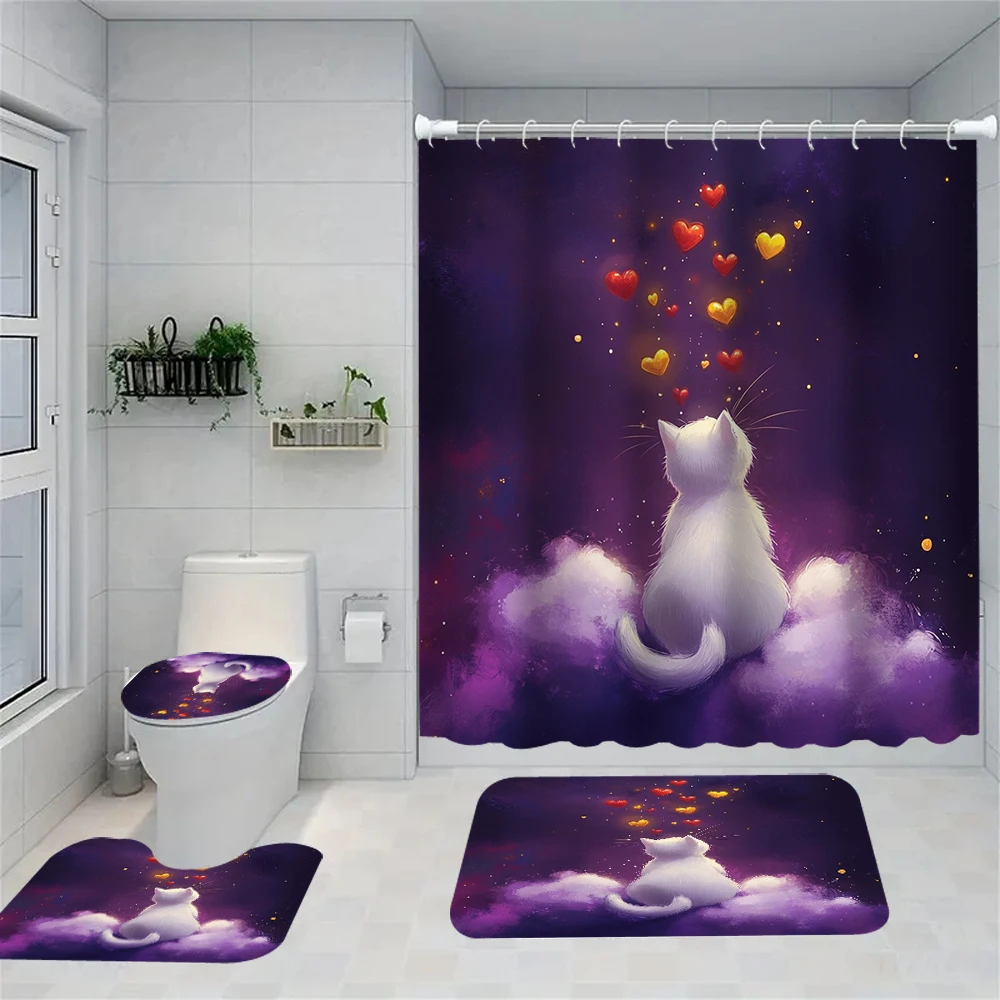 4-piece cute cat pattern bathroom decoration, including shower curtain, bath mat, U-shaped floor mat, and toilet seat cushion.