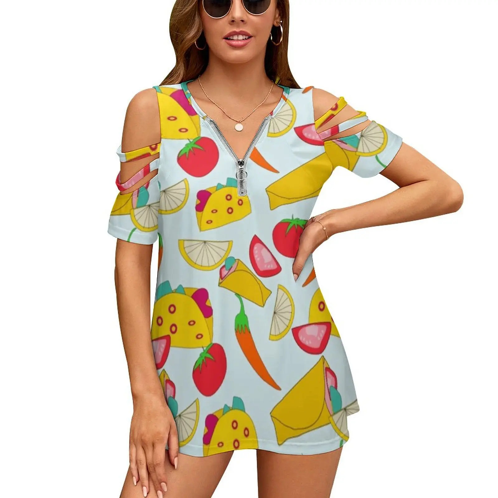 Burraco Fest New Fashion Zip Off Shoulder Top Short-Sleeve Women Shirt Burritos Tacos Texmex Food Foodies Tomatos Lemon Slices