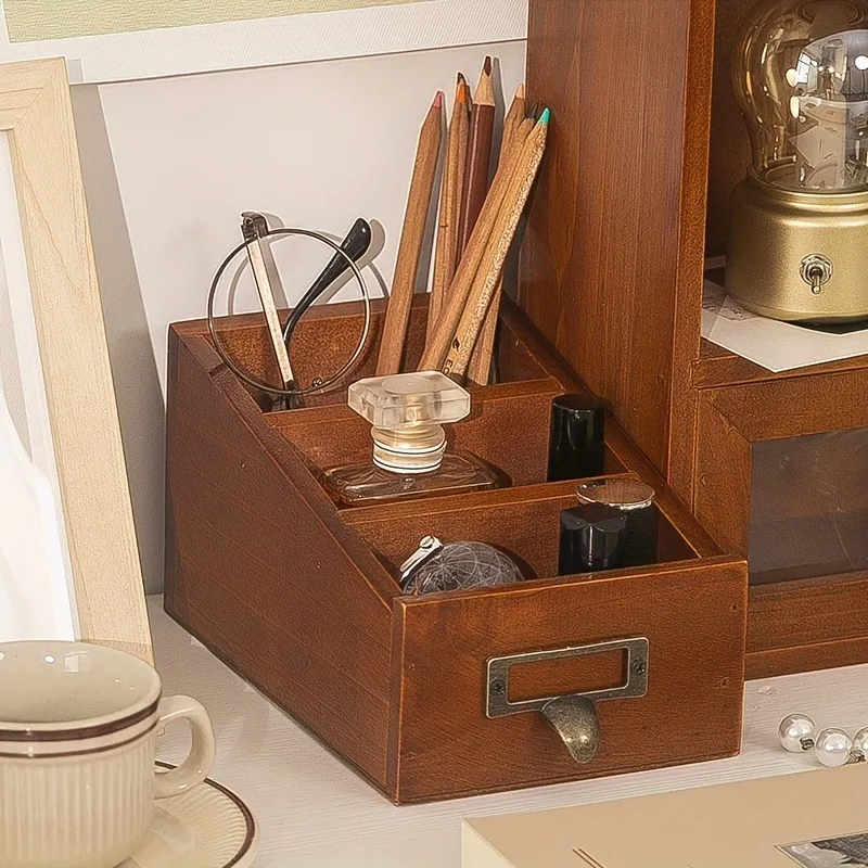 Wooden Pencil Holder Vintage Storage Drawers Display Case Control Cosmetic Sundries Storage Box Office Organizer Desktop Decor