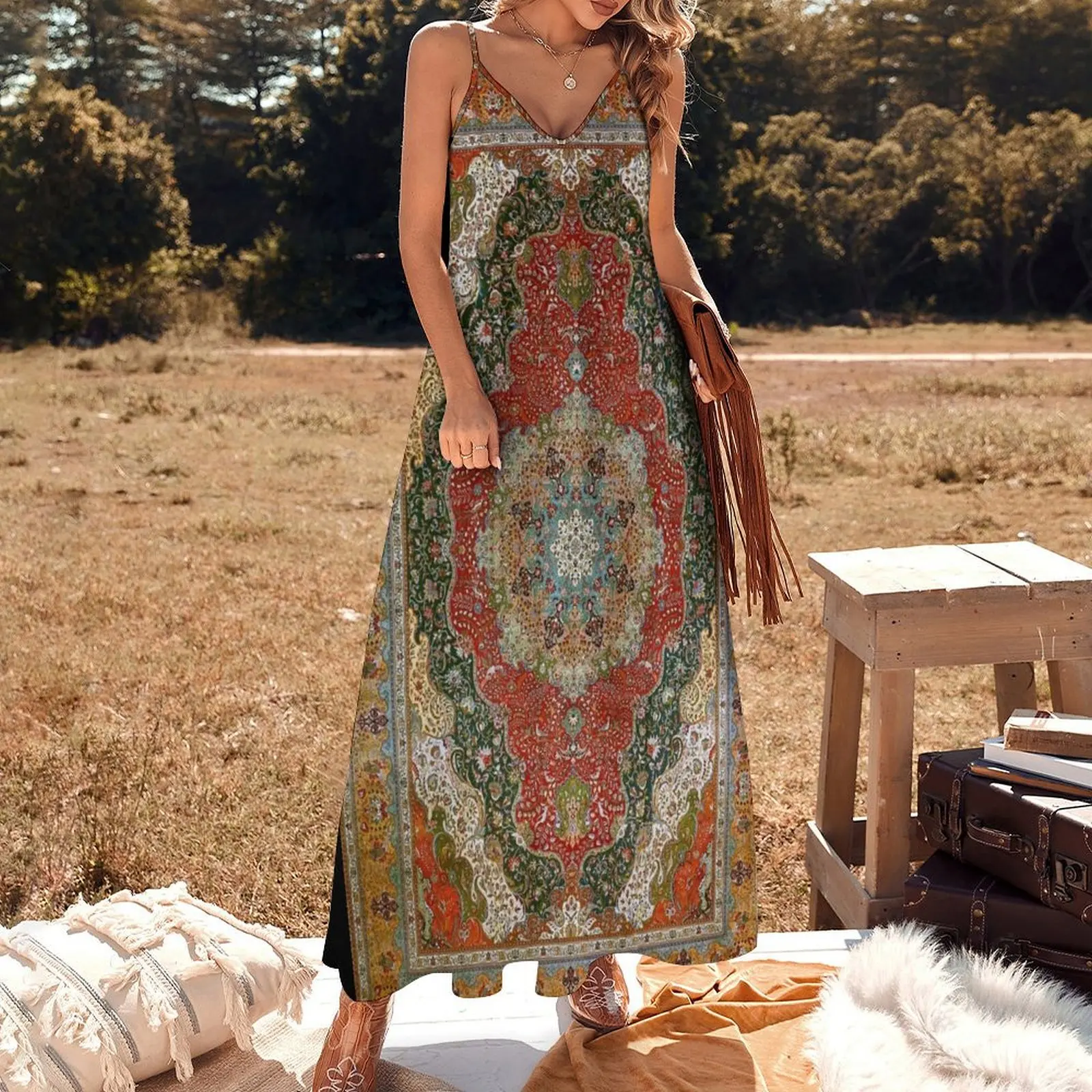 Antique Floral Persian Carpet Print Sleeveless Long Dress Summer women's clothing clothing women summer 2025 Dress