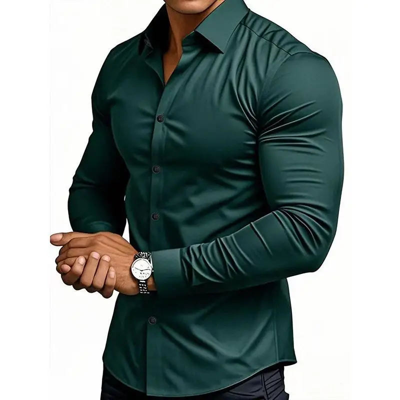 Men's Slim Fit Casual Shirt Asymmetrical Design Standard Cut Long Sleeve Cleanfit Style Polyester Fabric PU Material