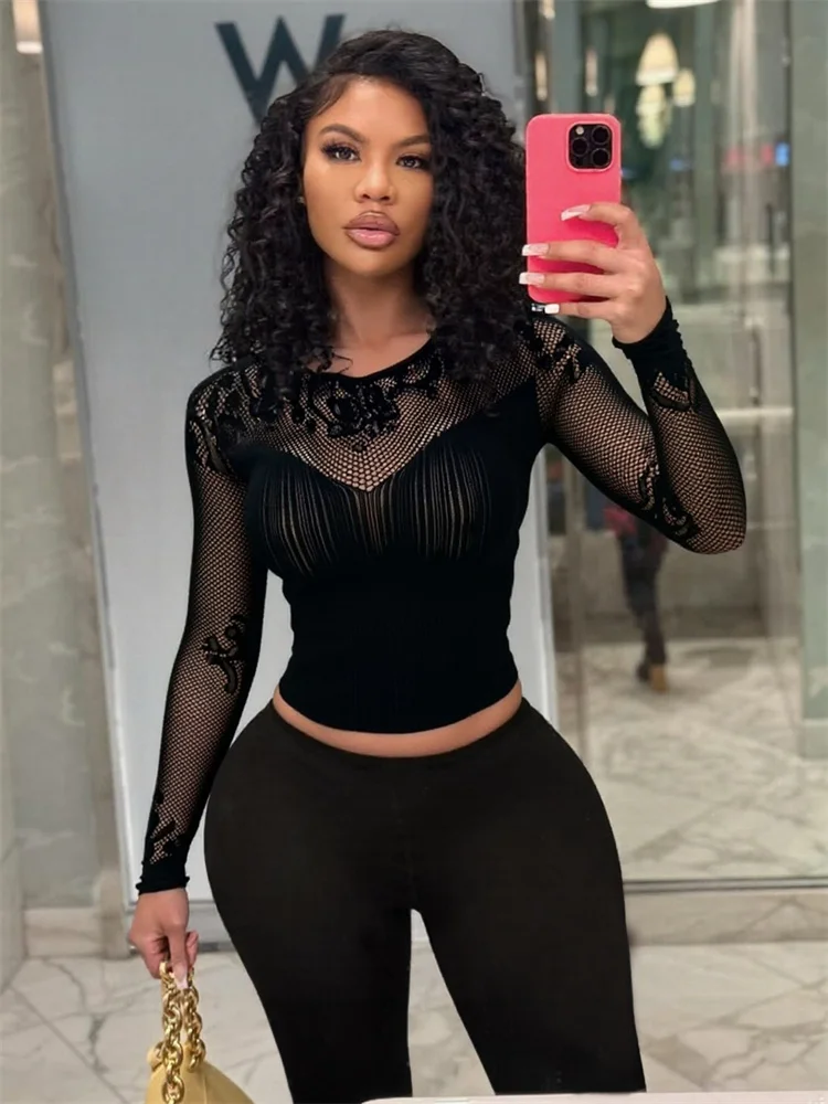 

Nibber полые укороченные топы женские обтягивающие лоскутные сексуальные с длинными рукавами и круглым вырезом высокая эластичность полночная мода кокетливая уличная одежда