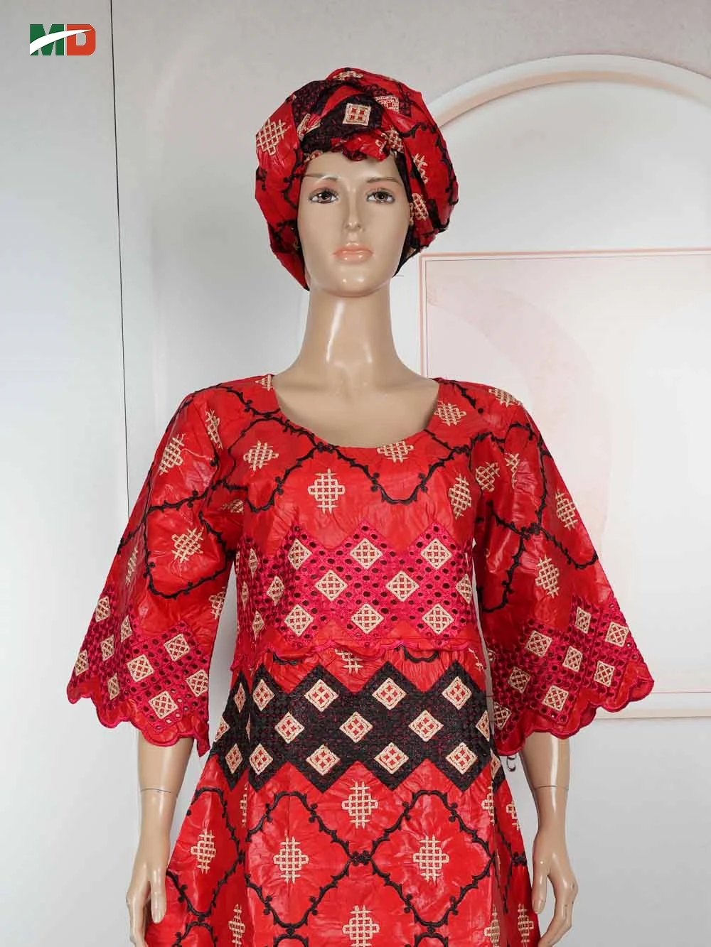 MD Abito tradizionale da donna africana Matrimonio rosso ricamato Bazin Riche Abito Bubu Abaya Abito caftano Boubou Djellaba