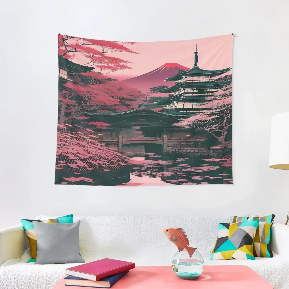 

Japanese Garden and Mount Fuji in pink and black Tapestry Wall Art Bathroom Decor Tapestry