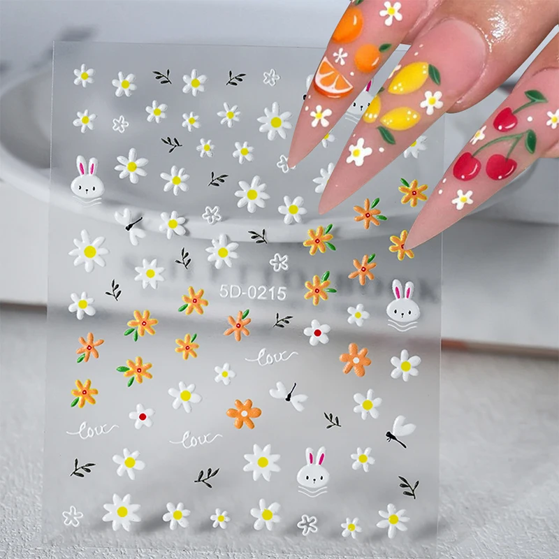 Bloem Cartoon Nail Art Stickers Zelfklevende Diy Schattige 5d Reliëfs Strik Konijn Patroon Manicure Schuifregelaar Decoratie Stickers