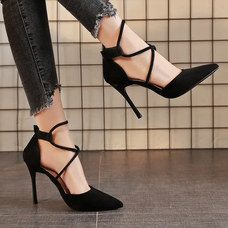 Women's new fashion suede sandals Sexy slim heels Pumps Casual cross strap high heels Shallow mouthed pointed shoes Zapatos