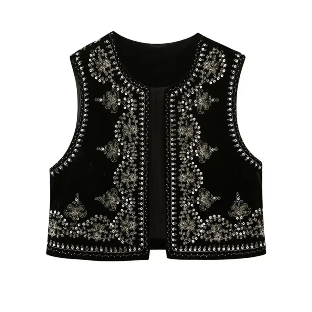 

Zaura Women's Embroidered Velvet Waistcoat Vest Autumn Winter European American Style Beads Detail Fashionable Women's Clothing