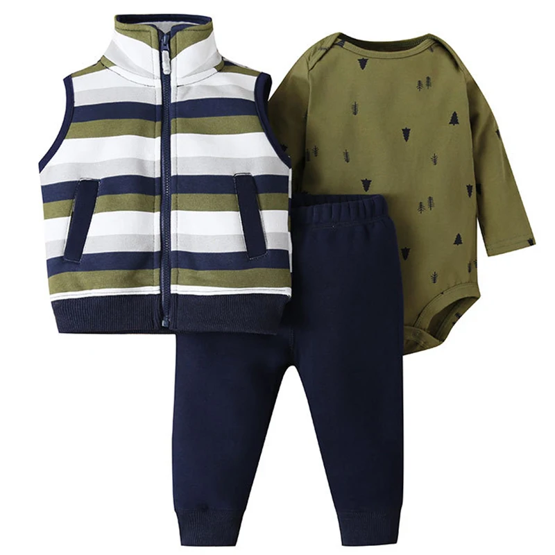 

3Piece Spring Toddler Boys Outfit Casual Fashion Stripe Vest+Long Sleeve Cotton Bodysuits+Pants Newborn Baby Clothing Set BC368