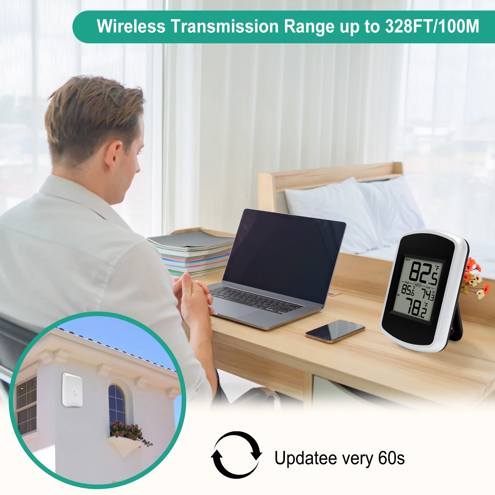 Беспроводной цифровой термометр -40 ℃ ~60 ℃   Широкий диапазон 60-х годов, автоматическое обновление, настенное крепление/подставка, легко читаемый ЖК-экран для домашнего офиса, сада