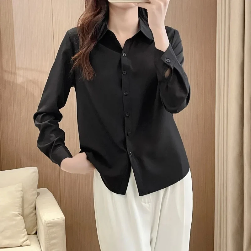 Spring Autumn Women\'s 2024 New Spliced Polo Collar Button Fashion Solid Color Slim Minimalist Casual Long Sleeve Blouses Shirts