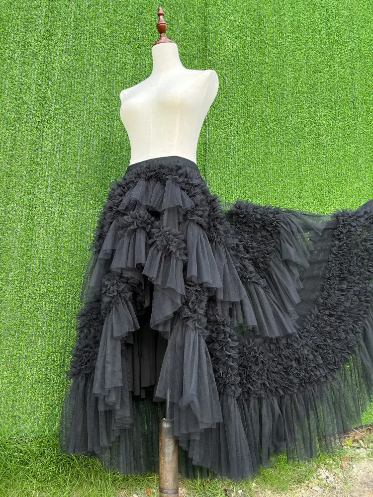 Original New Spring Autumn Black Short Front Long Back Trailing Puffy Skirt Elastic High Waist Irregular Mesh Ruffles Cake Skirt