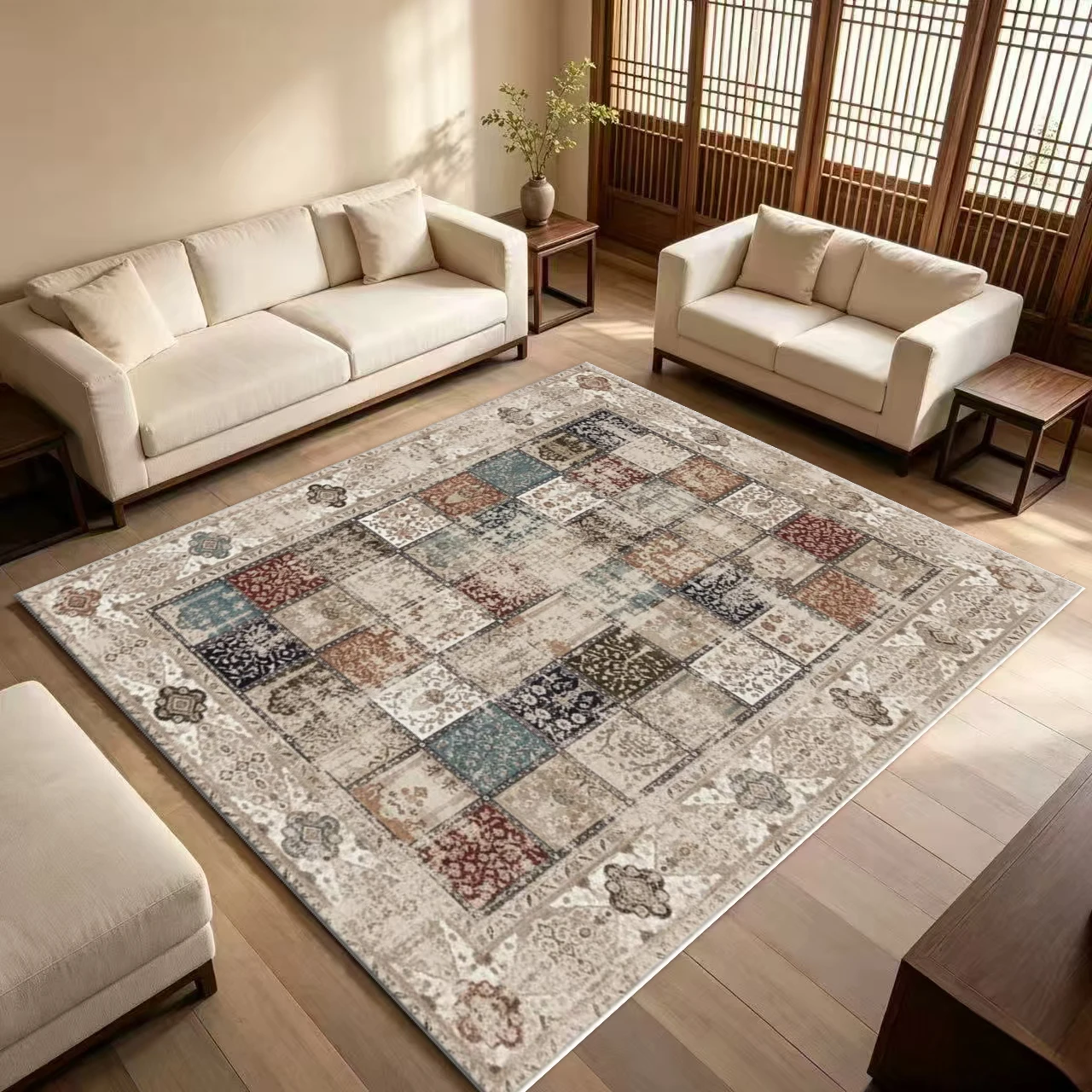 Multi‑Color Patchwork Vintage Square Rug Non‑Slip Distressed Bohemian Style Floor Mat for Living Room Bedroom Home Decoration