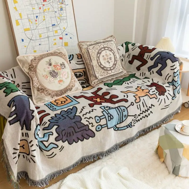 Japanese & Korean Style Graffiti Sofa Cover, Ins Style Dustproof Throw Blanket, Decorative Sofa Towel for Single Sofa