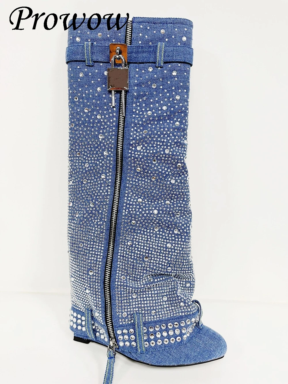 

Джинсовые сапоги до колена с острым ремнем и пряжкой на танкетке, женская обувь Zapatos Mujer