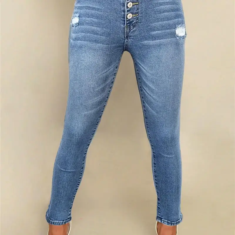 Nieuwe hoge elastische damesjeans, slim fit, perforatorknop, lange broek, grensoverschrijdende denim, faionable damesbroek