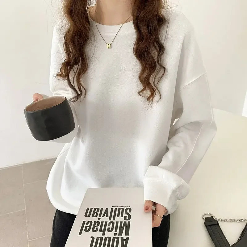 

Hoodies Women Solid Color Loose Lazy Autumn Y2k Korean Style Leisure O-Neck Long Sleeve Chic All-match Simple Ladies Sweatshirts
