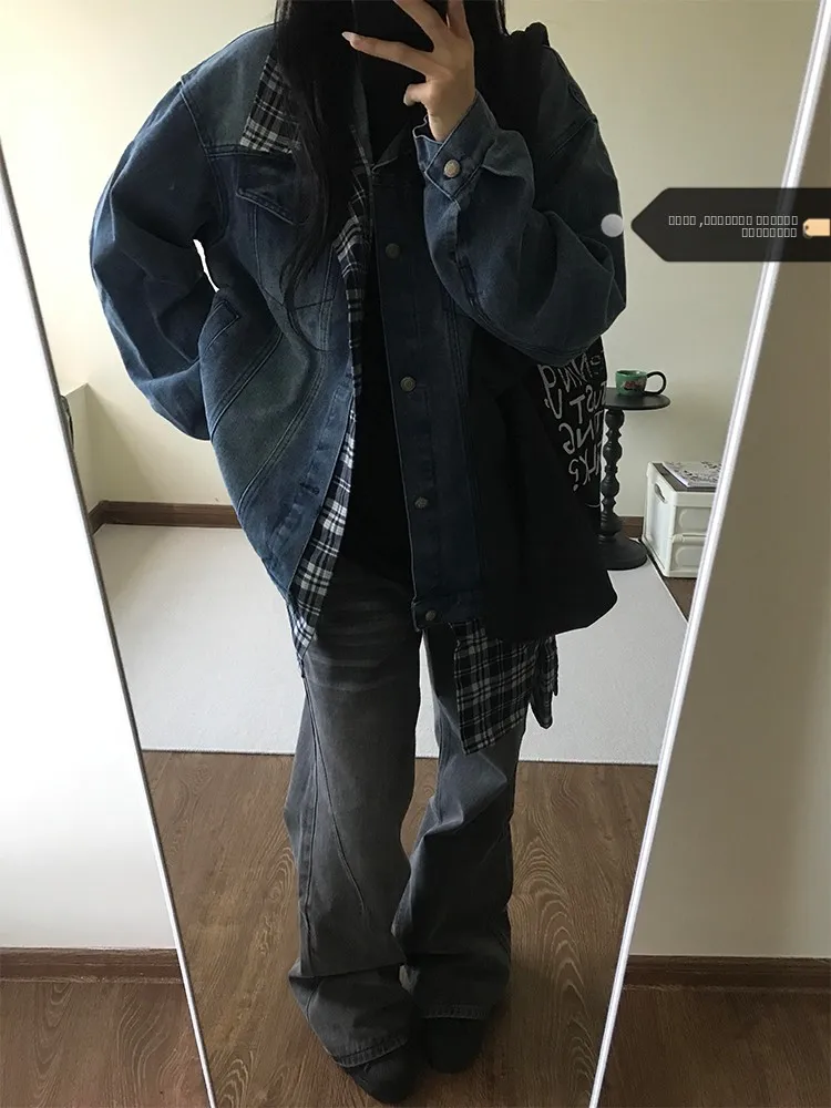 Grote maat Amerikaanse retro high street geruite denimjas dames herfst winter los ontwerp Sense jas bovenkraag knoop...