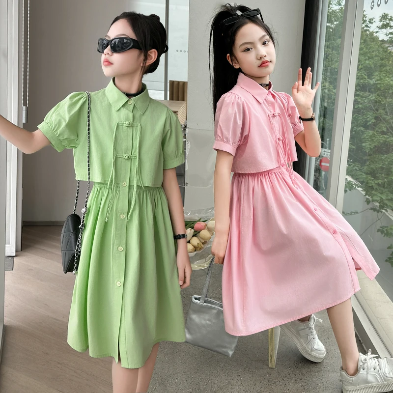 Girls' sweet shirt 2024 summer new China-Chic casual foreign style cotton lady shirt Chinese style parent-child dress