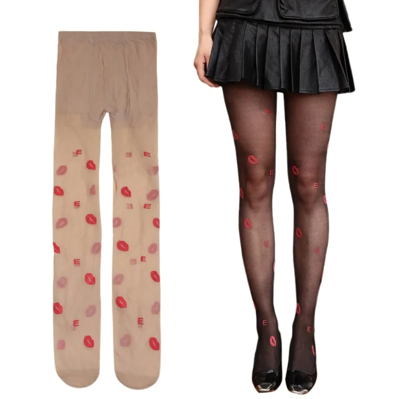 Women Vintage Thin See Through Pantyhose Japanese Elegant Sexy Lip Print Patterned Sheer Silk Tights Stockings