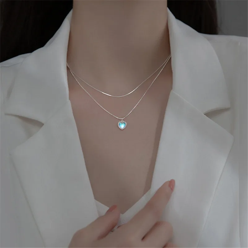 925 Sterling Silver Double Love Heart-shaped Moonstone Pendant Necklace Women Gradient Gemstone Clavicle Chain Couple VNS8989