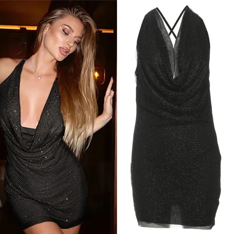 

2025 Chic Sexy Mini Dress For Women Sparkly Mesh Backless Sleeveless Swing Collar High Elastic Bodycon Club Night Party Wear New