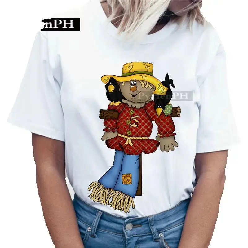 

New Personality Scarecrow Printed Short Sleeve T-shirt Youth Crew-neck Tops Aesthetic Clothes Women Summer polyester fabric