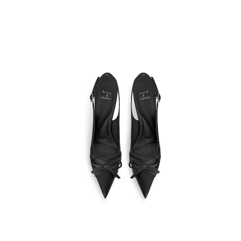 Black design with a pointed toe and slim heels, feminine temperament, spring and summer small bow new women's shoes