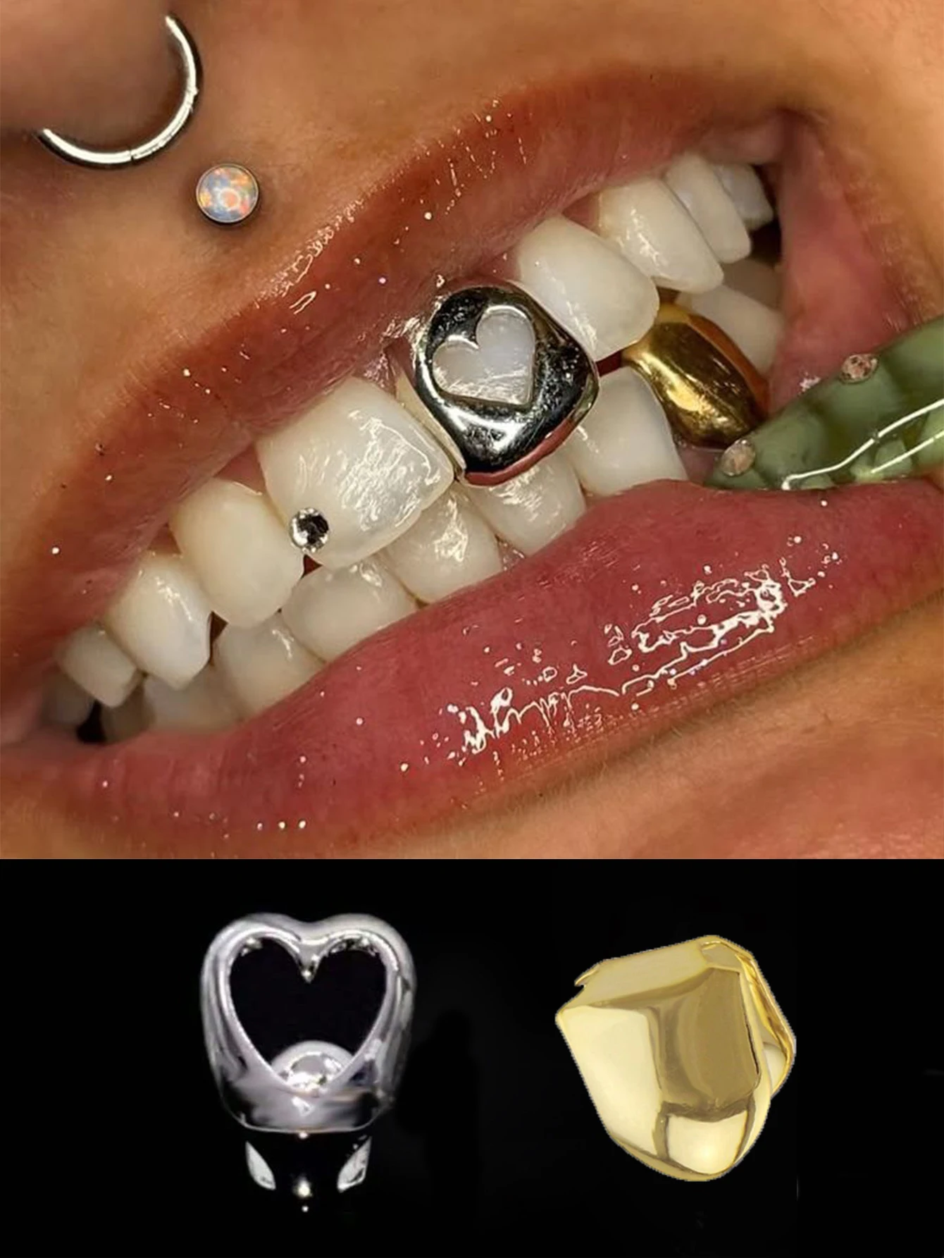 2Pcs Fashionable Hollowed-Out Heart-Shaped Dental Jewelry, Hip-Hop Dental Jewelry, Suitable For Stage, Nightclub And Party Wear