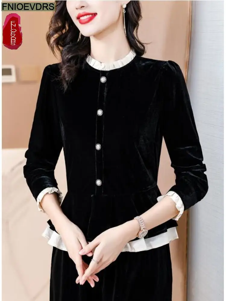 S-4XL Ruffles Black Velvet Top Women Autumn Winter French Design Elegant Office Lady Work Button Shirt Slim Retro Peplum Blouses