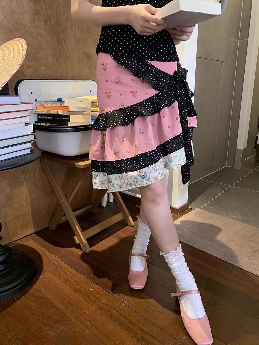 

Floral Polka Dot Bow Skirt Women's Spring and Summer New Cake Skirt