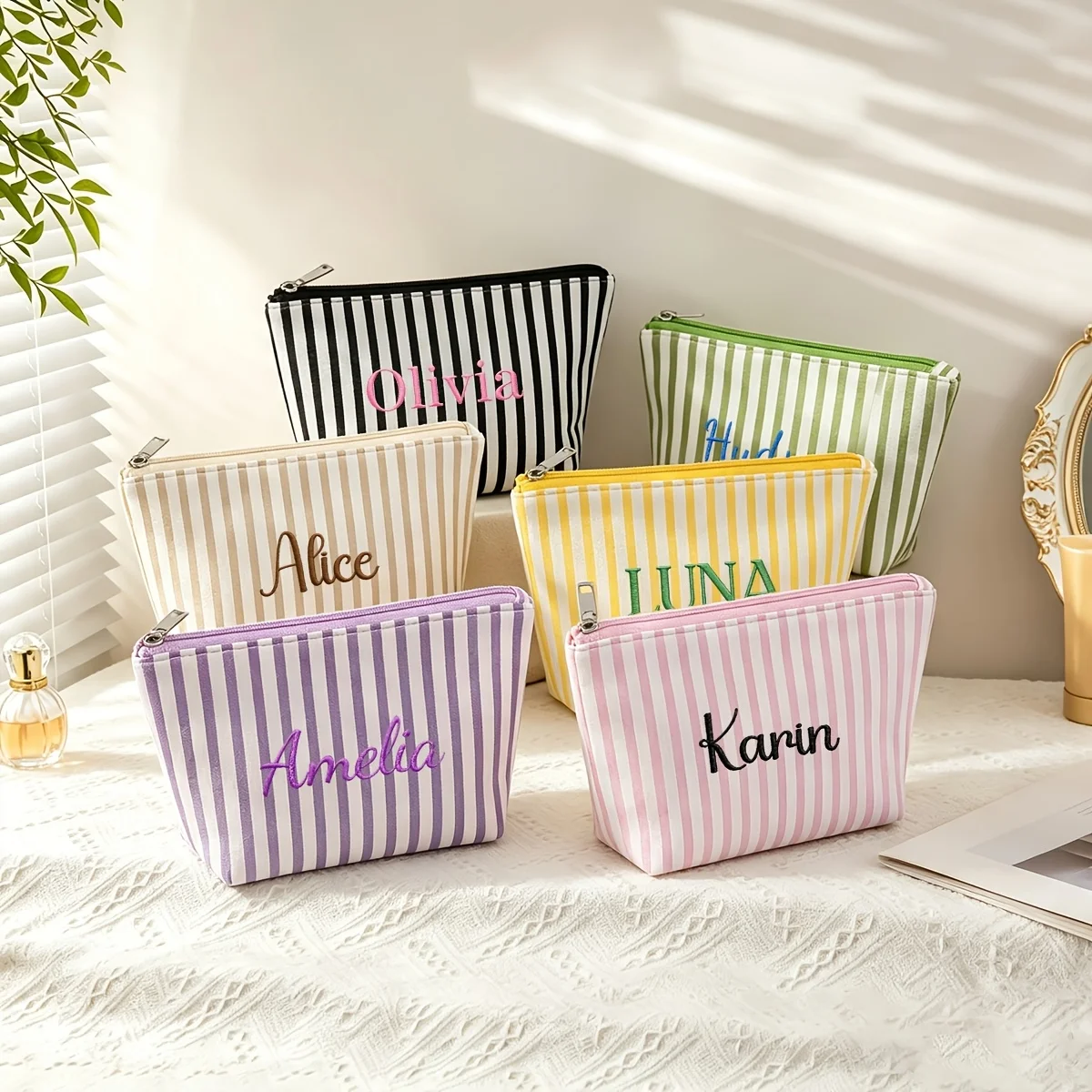 Customizable Embroidered Name Stripe Makeup Bag Fashion Storage Bags Large Capacity Women S Cosmetics and Toiletries Organizer