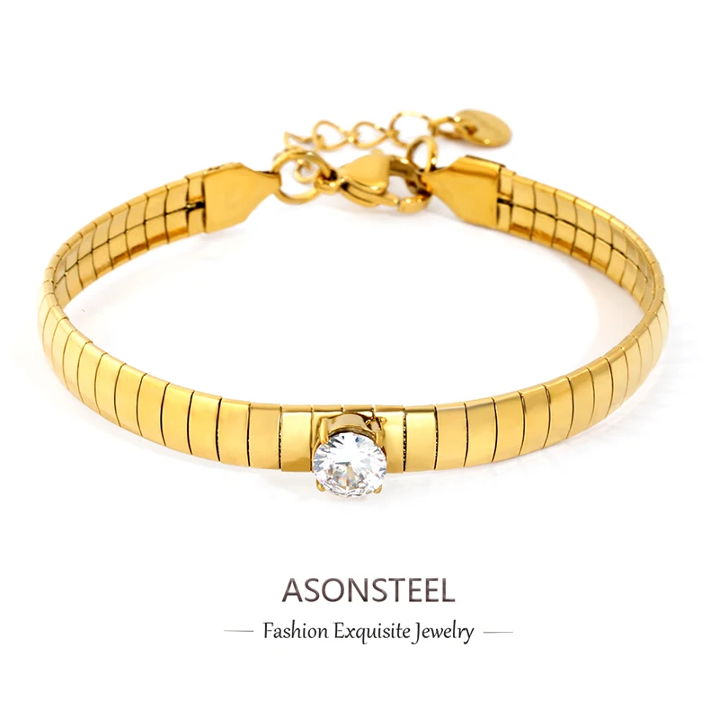 ASONSTEEL Stainless Steel Snake Bone Chain Bracelet Bangle Cubic Zirconia Metal Golden Unique Wrist Handmade Jewelry Accessories