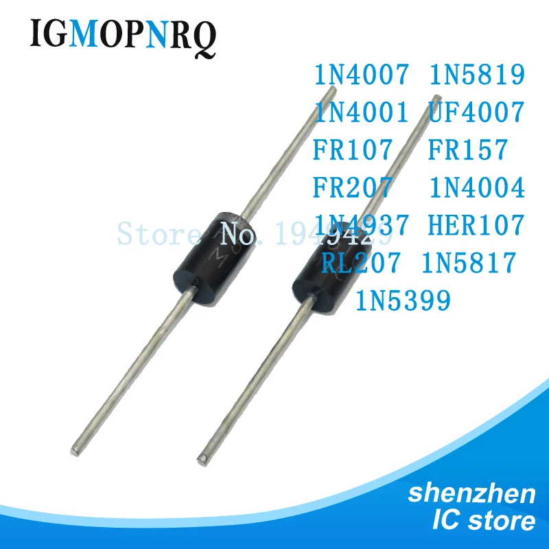 100PCS 1N4007 1N5819 1N4001 UF4007 FR107 FR157 FR207 1N4004 1N4937 HER107 RL207 1N5817 1N5399 HER305 FR102 1N4148 DB3 DO-41 1N60