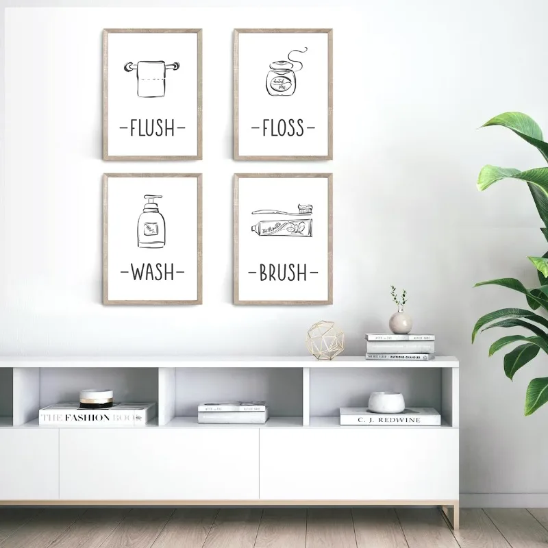 Wash Brush Floss Flush Kids Bathroom Wall Art Black and White Line Art Sign Poster Canvas Painting Print Picture Toilet Decor