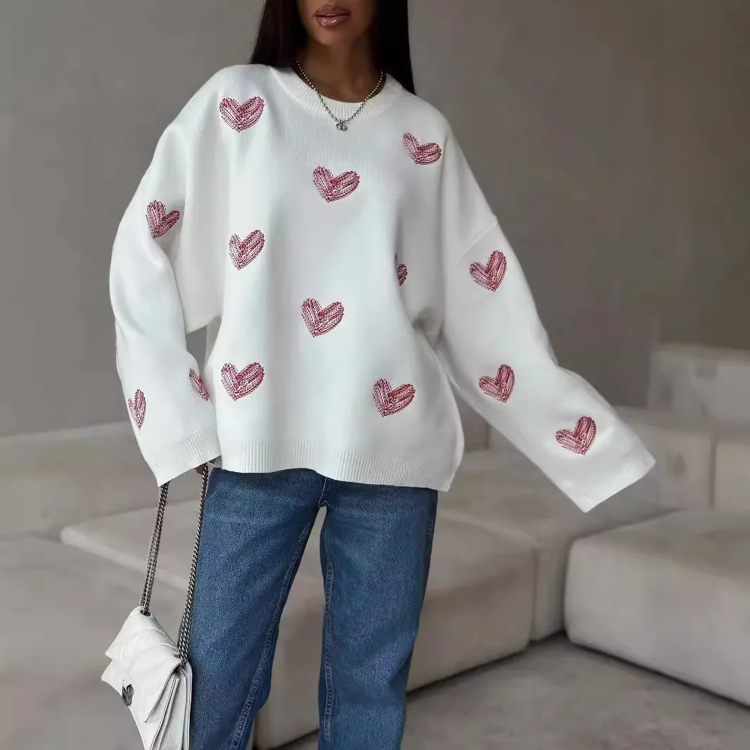 XXOWENLI Sweet Heart Sweater Fashion Cute Retro Loose Knitted Pullover Sweater Loose Simple Base Layer Sweater Autumn Winter