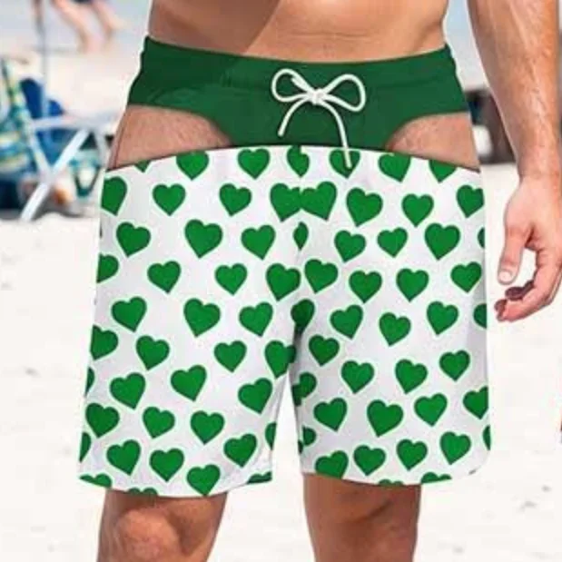 Men Novelty Gag Swim Trunks White Base Colorful Heart Pattern Fake Brief Illusion Print Summer Party Beach Board Shorts