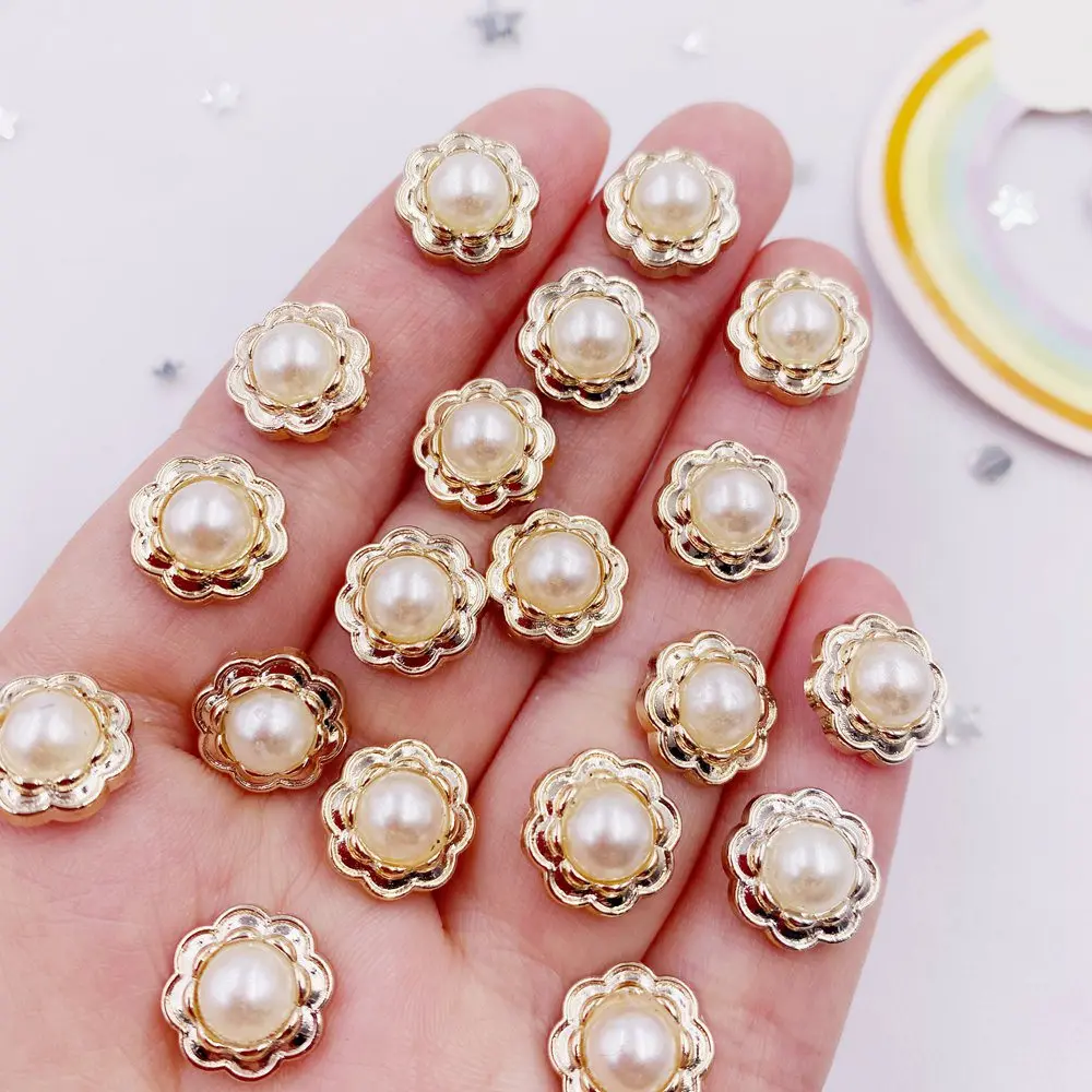 30pcs Golden Color Acrylic Flower Round Pearl Flatback Rhinestone Buttons Appliques DIY Scrapbook Ornament Craft Accessorie V021