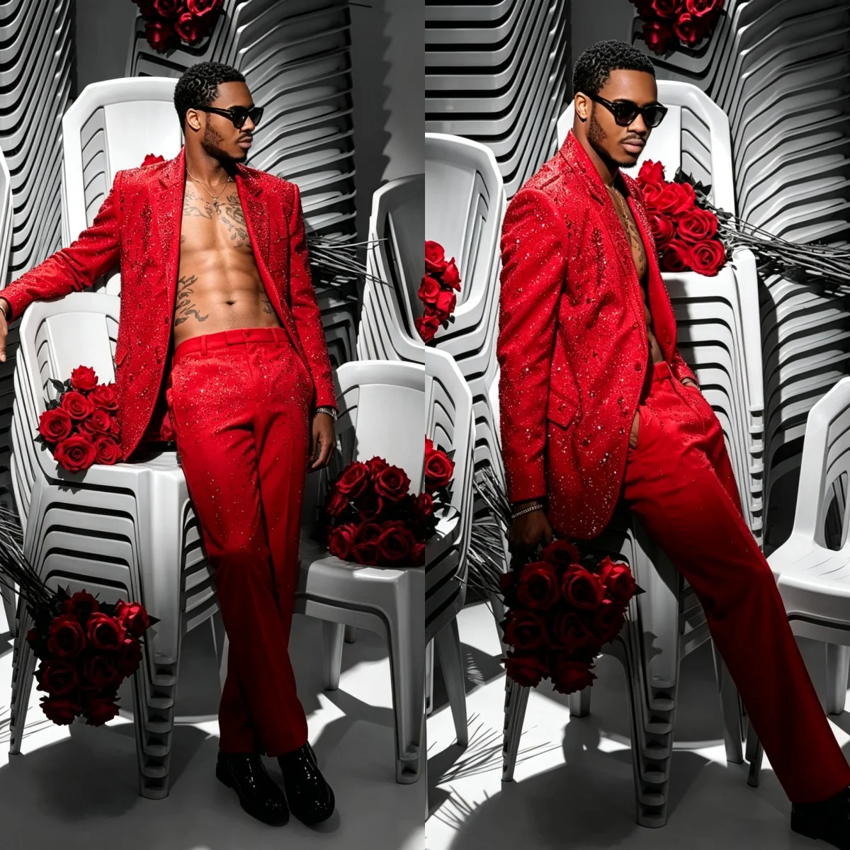 Red Beads Men Tuxedos Notched Lapel Formal Party Birthday Groom Wears Customized Cosplay Outfits 2 Pieces