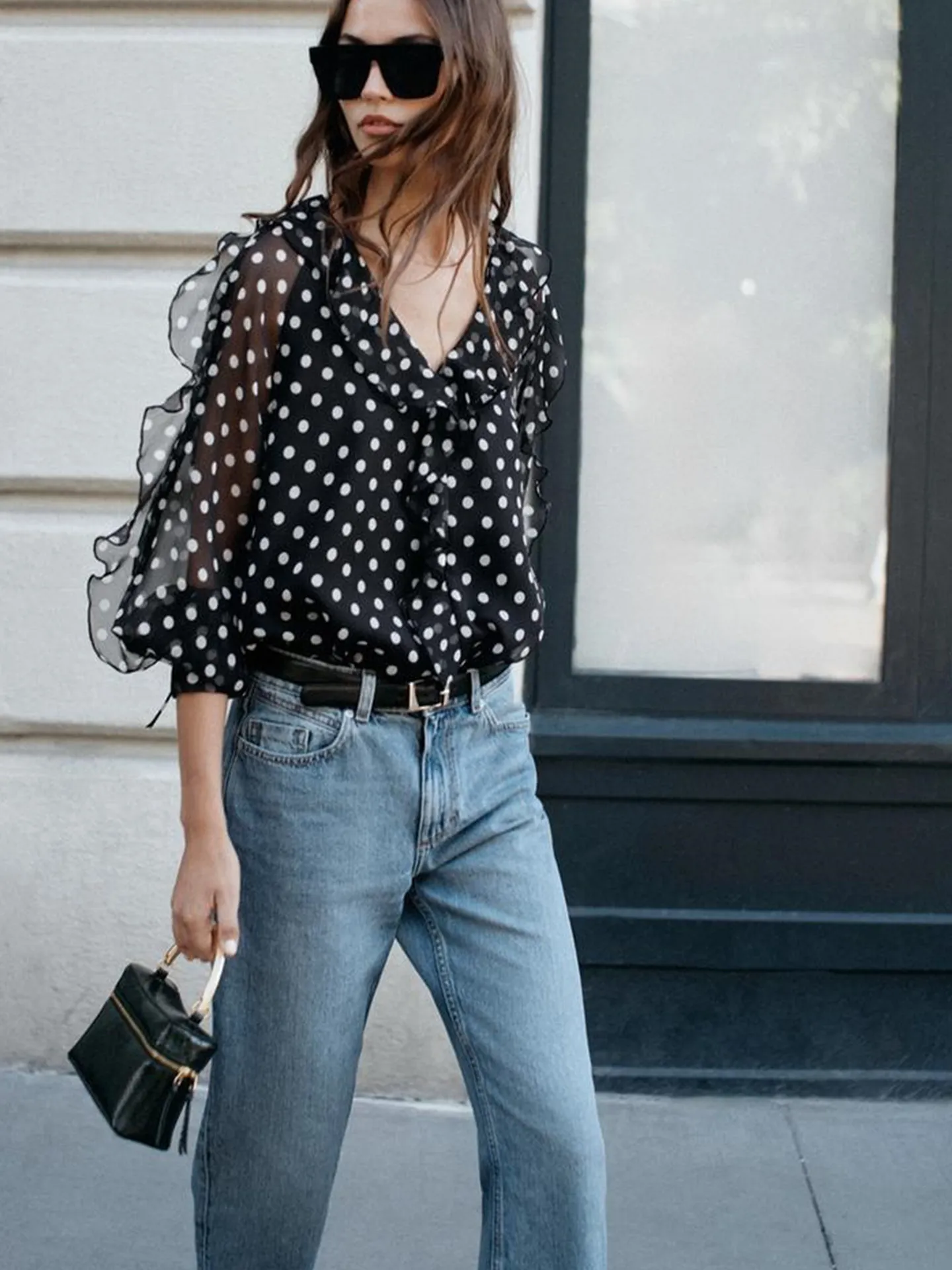 New Autumn Women's Casual Long Sleeve V-neck Polka Dot Layered Decoration Semi-transparent Shirt Comfortable Breathable Polye...