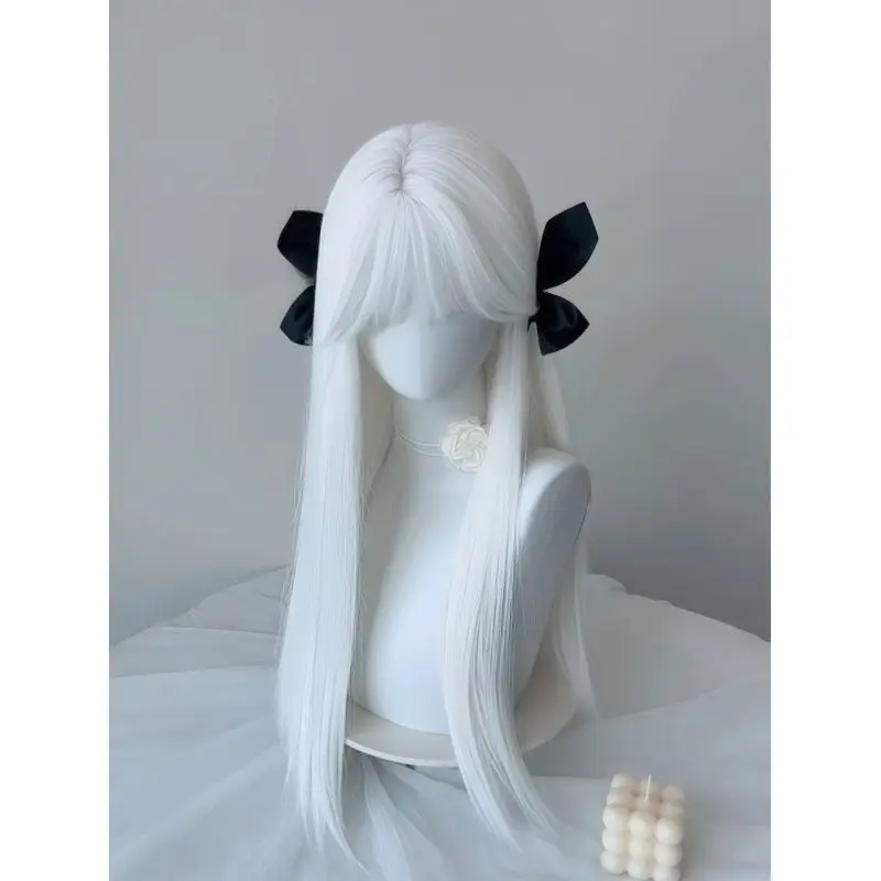 Peluca blanca para mujer, tocado completo Natural, estilo Lolita, pelo largo y liso con flequillo de aire, cara redonda bonita JK de celebridad