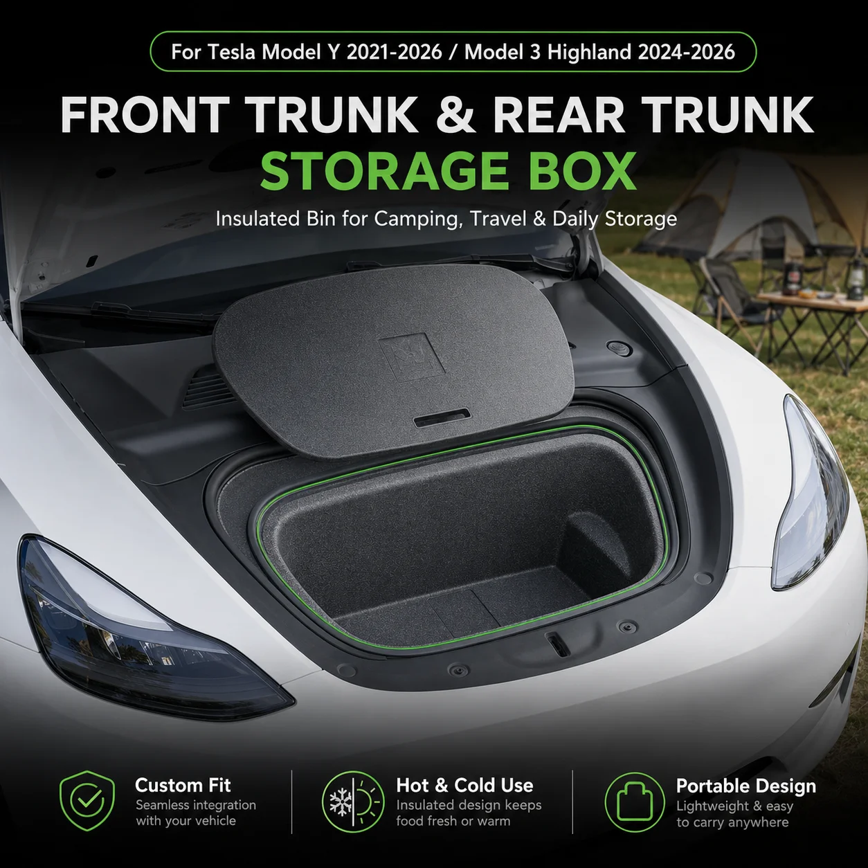 Front Trunk Rear Trunk Storage Box For Tesla Model Y Juniper 2021-2026 Model 3 Highland 2024-2026 Camping Travel Insulated Bin