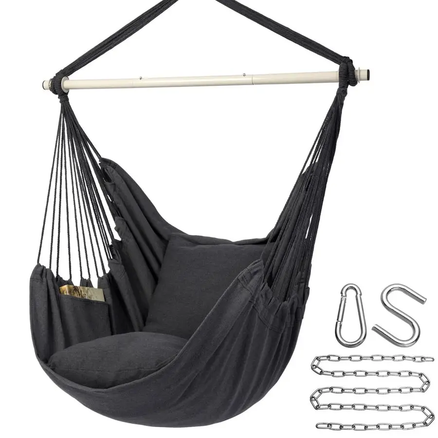 

Hammock Chair Hanging Rope Swing Chair, Max 500 Lbs, 2 Seat Cushions Included, Removable Steel Spreader Bar with AntiSlip Rings,
