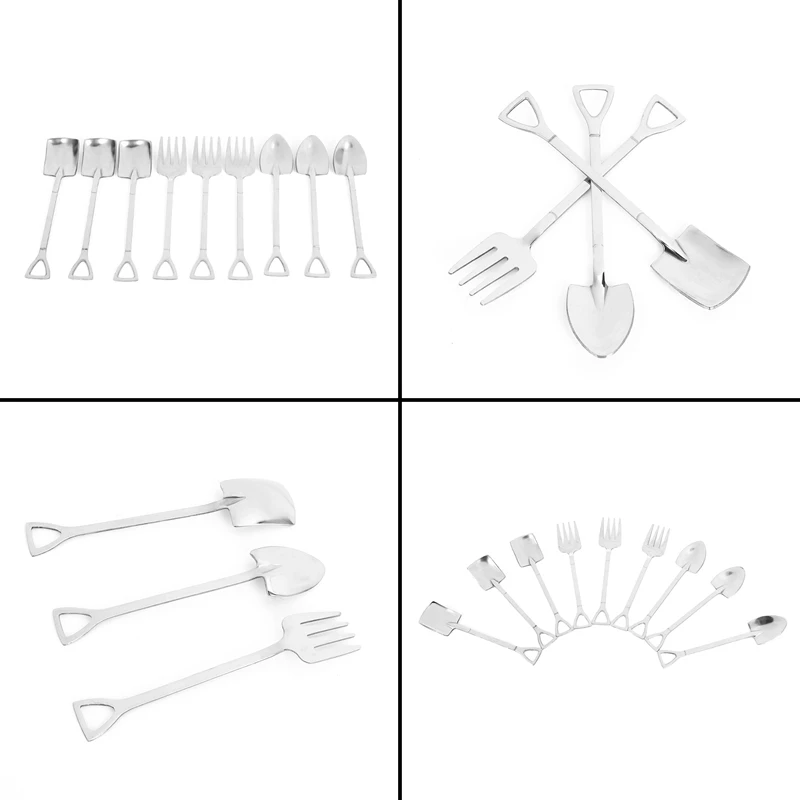 9 Pieces Shovel Spoon Fork Shovel Coffee Spoon Shovel Handle Dessert Spoon Ice Cream Spoon Shovel Shape Fork Fruit Fork