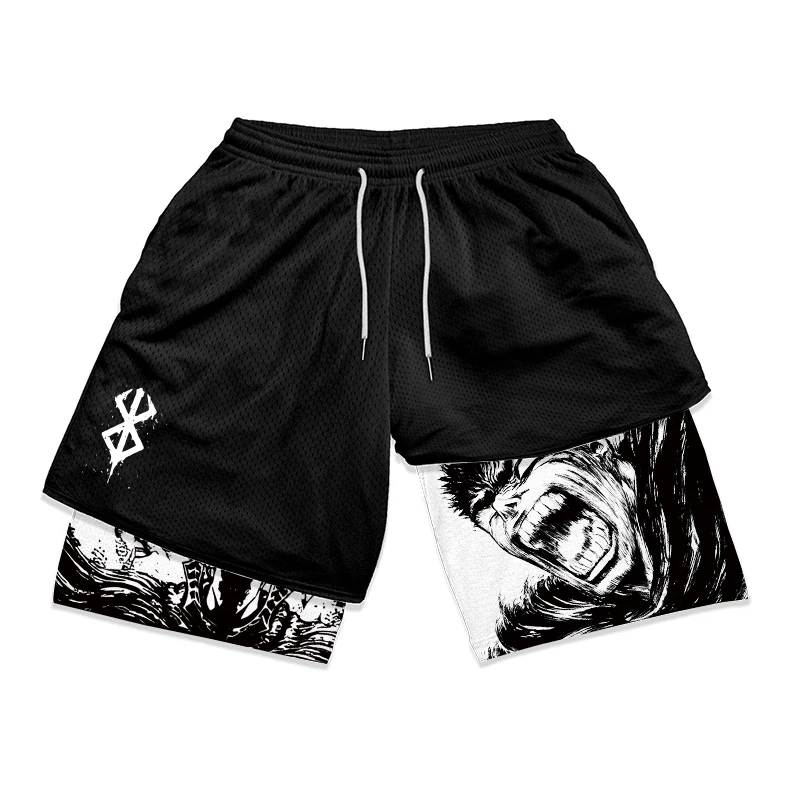 Men\'s Anime Shorts Berserk Manga Print 2 in 1 Gym Shorts Compression Stretchy Sports Shorts Quick Dry Fitness Workout Summer