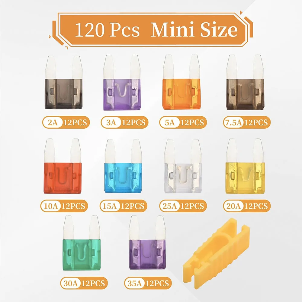 120 Pieces Mini Fuse Kit, Assortment Kit, Mini Blade Fuses for Truck, Motorcycle (2A/3A/5A/7.5A/10A/15A/20A/25A/30A/35A)